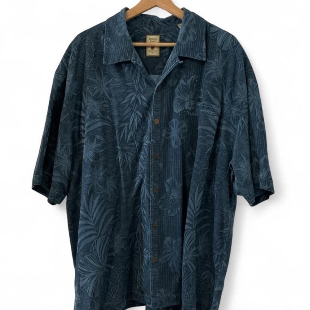 Jamaica Jaxx Silk Button Down Mens XXL Blue Excellent Floral Jacquard Tropical